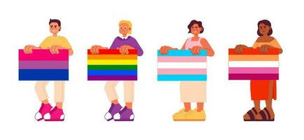 Optimistic lgbt people hold pride flags flat concept vector spot illustrations pack. Gender diversity 2D cartoon characters on white for web UI design. Isolated editable creative hero images set