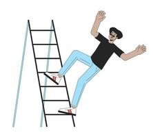 Young man falls from ladder stair flat line color vector character. Editable outline full body african american perplexed guy on white. Simple cartoon spot illustration for web graphic design