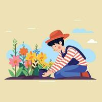 Vector of a man kneeling down in front of a vibrant flower garden