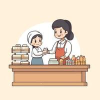 Vector of a woman and child standing at a counter