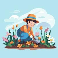 Vector of a person kneeling in a field surrounded by beautiful flowers