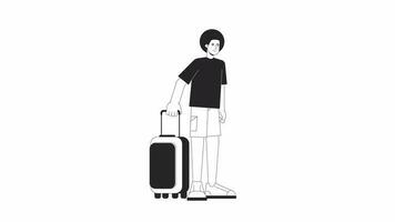 Afro hair man holding baggage bw outline 2D character animation. Male vacationer nodding head monochrome linear cartoon 4K video. Traveller with luggage animated person isolated on white background video