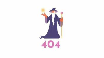 Magier Magie 404 Error Animation. Fantasie Zauberer mit Stange Error Botschaft GIF, Bewegung Grafik. alt Magier mit Bart Gießen Feuerball animiert Charakter Karikatur 4k Video isoliert auf Weiß Hintergrund