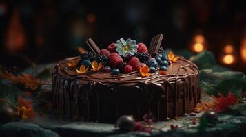 Delicious berry chocolate cake, a tempting confectionery celebration, photo