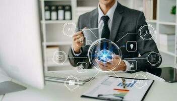 Woman and Man using chat bot in smartphone intelligence Ai. Chat with AI Artificial Intelligence, developed by OpenAI generate. robot in online system. in office photo