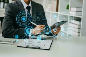 Cyber security data protection Business working on compute Intelligenc digital tablet global network connection data science digital marketing, Investment global in office photo