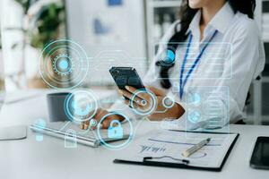 Cyber security data protection Business working on compute Intelligenc digital tablet global network connection data science digital marketing, Investment global in office photo