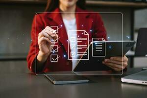 Checklist and filling survey form online. Document management system, DMS. Assessment form, questionnaire, checklist .Quality control and accuracy Check completeness.using a laptop and tablet photo