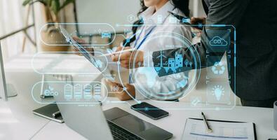 Business working with reduce CO2 concept with icons, global warming such as reforest green factory recycle and zero carbon dioxide emission concept. with VR icon at office photo