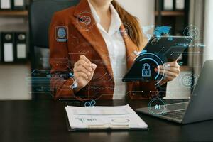 Network security. business using digital tablet and computer with digital padlock for data protection, internet technology networking and cyber security technology photo