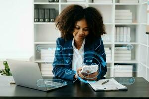 African Woman using chat bot in smartphone intelligence Ai. Chat with AI Artificial Intelligence, developed by OpenAI generate. robot in online system. in office photo