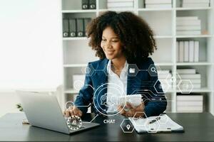 African Woman using chat bot in smartphone intelligence Ai. Chat with AI Artificial Intelligence, developed by OpenAI generate. robot in online system. in office photo
