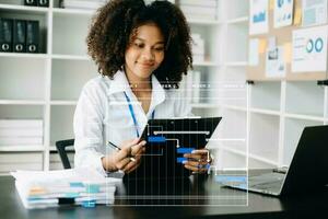 Project manager working and update tasks with milestones progress planning and Gantt chart scheduling diagram. business working with smart phone, tablet and laptop photo