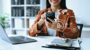 Network security. business using digital tablet and computer with digital padlock for data protection, internet technology networking and cyber security technology photo