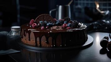 Tempting indulgence, a delightful berry chocolate cake, photo