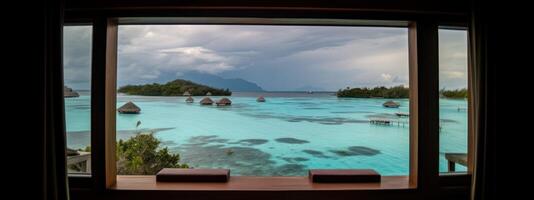 Whimsical banner design showcasing the beauty of a tropycal resort, photo