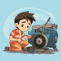 Vector of a man working on a small engine while kneeling down