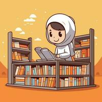 Vector of a cartoon character engrossed in reading a book in a peaceful library setting