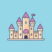 Vector of a vibrant and whimsical pink castle with purple turrets against a serene blue background