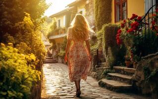 joven mujer caminando abajo un hermosa pueblo calle. generativo ai. foto