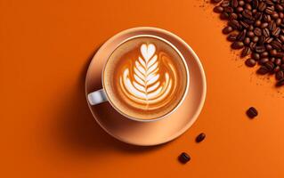 Top view image of coffee latte art over orange background and copy space. Milk foam in heart shape leaf tree on top. Professional barista. Generative AI. photo