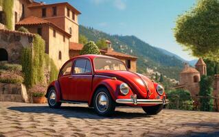 Old red italian car on a beautiful italian streets. Generative AI. photo