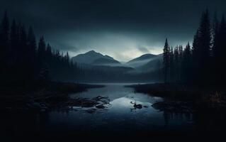 Misty landscape with dark forest in hipster vintage retro style. . photo