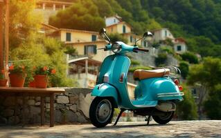 antiguo italiano scooter en un hermosa italiano calles generativo ai. foto