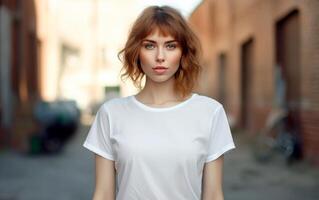 Beautiful young woman in blank white t-shirt for mockup. Design t-shirt template and mock-up for branding or print. Generative AI. photo