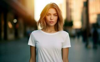 Beautiful young woman in blank white t-shirt for mockup. Design t-shirt template and mock-up for branding or print. Generative AI. photo