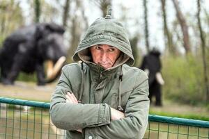 retrato de expresivo medio Envejecido hombre posando en frente de mamut modelos en un público parque foto