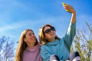couple of pretty friendly women taking a selfie with smartphone sitting on pile of logs photo