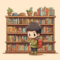 Vector of a boy standing in front of a bookshelf