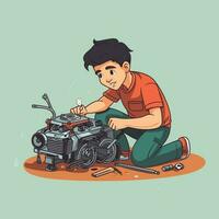 Vector of a man kneeling next to a small engine