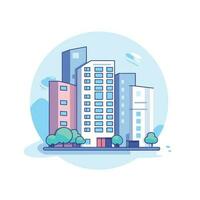 Vector of a city skyline with tall buildings and trees in a flat, icon style