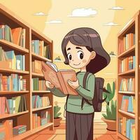 vector de un niña absorto en un libro en un tranquilo biblioteca