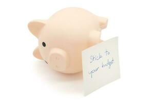 Text written note STICK TO YOUR BUDGET and upside down Piggy bank. concept of financial planning to save money by spending less. Finance and business concept. isolated on white background. photo