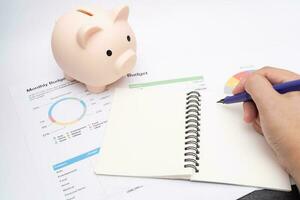 Piggy bank with business graph on white background and copy space, financial goal concept. Business concept. photo