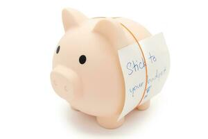 Text written note STICK TO YOUR BUDGET and Piggy bank. concept of financial planning to save money by spending less. Finance and business concept. isolated on white background. photo