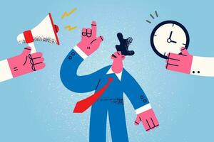 Smiling young businessman work meet deadline multitasking. Happy male employee or worker with megaphone and clock. Time management and schedule. Flat vector illustration.