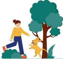 mujer jugando con perro en parque ilustración vector