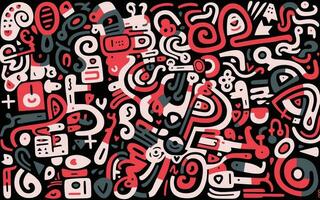 large white and red abstract pattern, in the style of cartoon-like figures, black background, mesoamerican influences, squiggly line style, simplistic characters, graffiti-like lettering vector