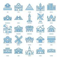 A detailed vector illustration representing diverse building types home, factory, school, mosque, hospital, and more. Each icon clearly depicts its respective structure