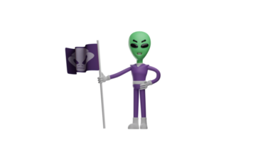 3D illustration. Decisive Alien 3D cartoon character. Alien holding a flag that represents his group. The alien showed a stern and terrifying expression. 3D cartoon character png
