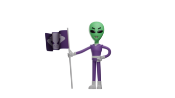 3d illustration. décisif extraterrestre 3d dessin animé personnage. extraterrestre en portant une drapeau cette représente le sien grouper. le extraterrestre montré une arrière et terrifiant expression. 3d dessin animé personnage png