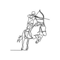 uno continuo línea dibujo de ilustración de un soldado montando un caballo durante guerra. soldado montando un caballo concepto en sencillo lineal estilo continuo línea. soldado concepto vector ilustración.