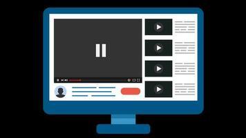 Web video player PC screen with web browser window. Video player play button clicked by mouse cursor animation alpha channel. Multimedia player loading bar running timecode. Video Hosting Website.