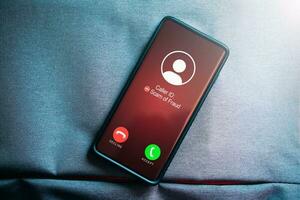 Smartphone incoming unwanted call. Spam, scam, phishing and fraud concept with copy space. Security technology. Selective focus. photo