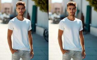 Attractive young man in blank white shirt for mockup. Design shirt template and mock-up for branding or print. Generative AI. photo