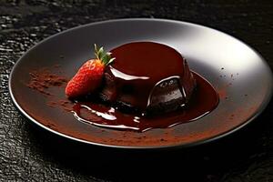 marvelous chocolate pudding on a plate, black background, illustration, generative ai photo